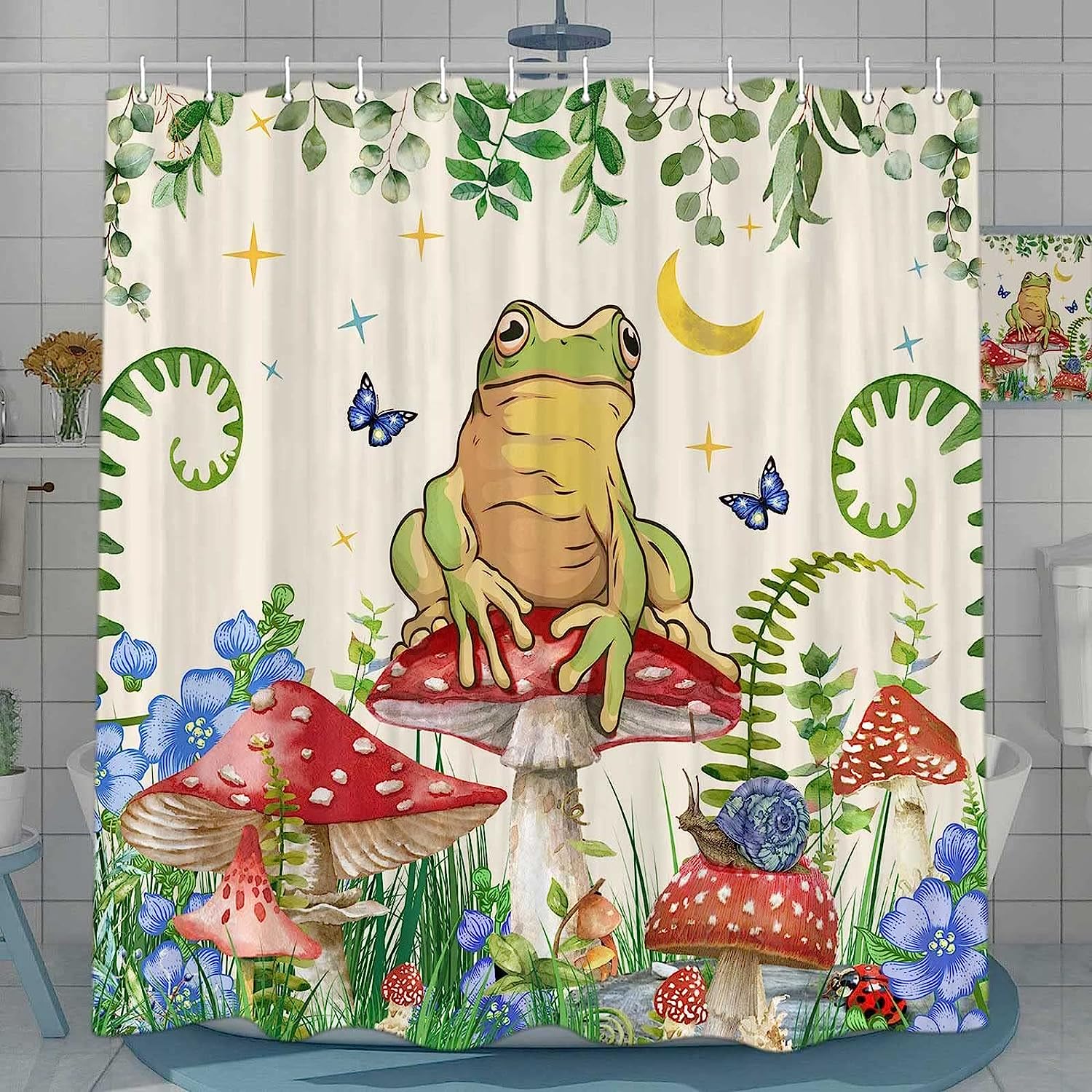 Boho Mushroom Shower Curtain, Botanical Restroom Bathroom Decor