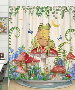 Boho Mushroom Shower Curtain, Botanical Restroom Bathroom Decor