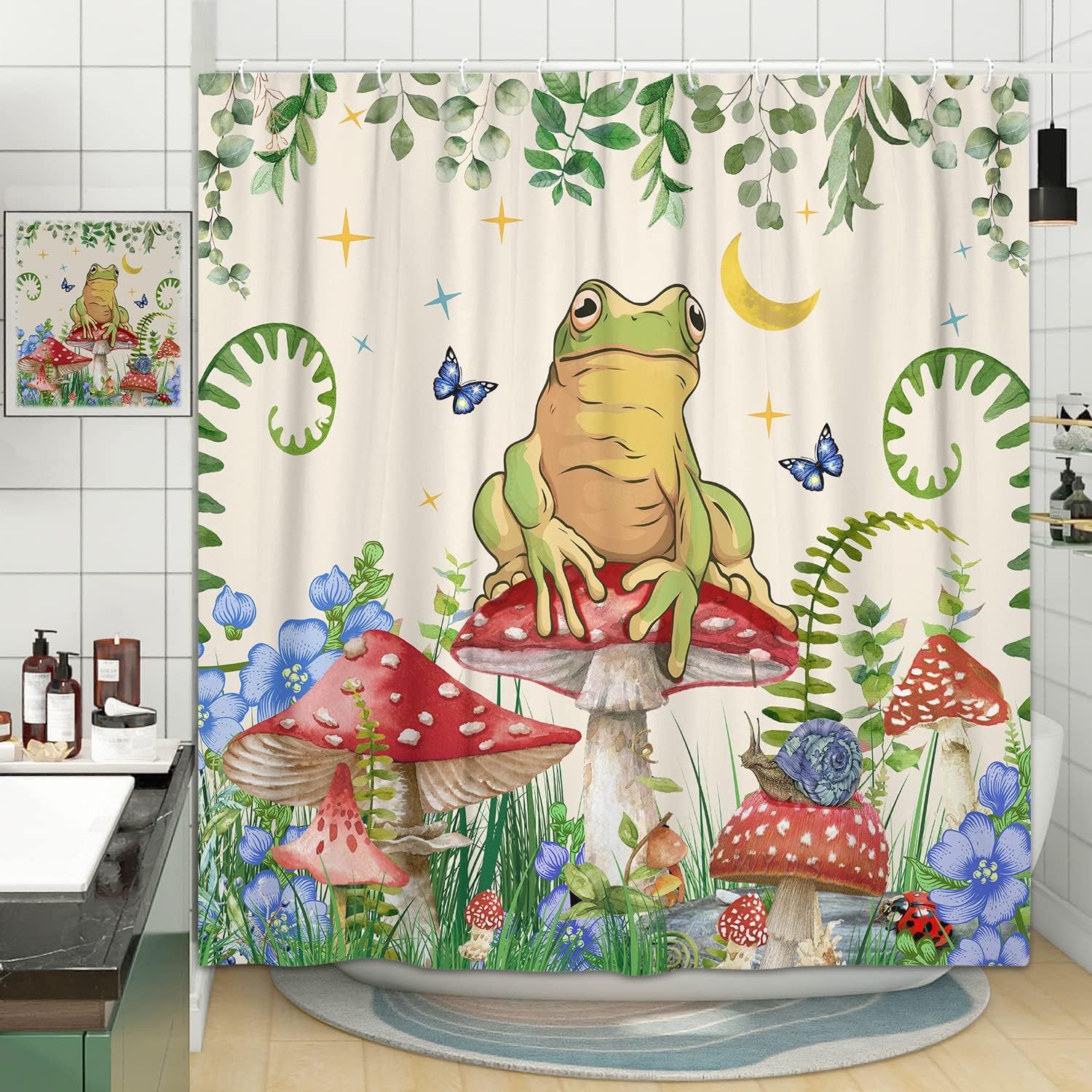 Boho Mushroom Shower Curtain, Botanical Restroom Bathroom Decor