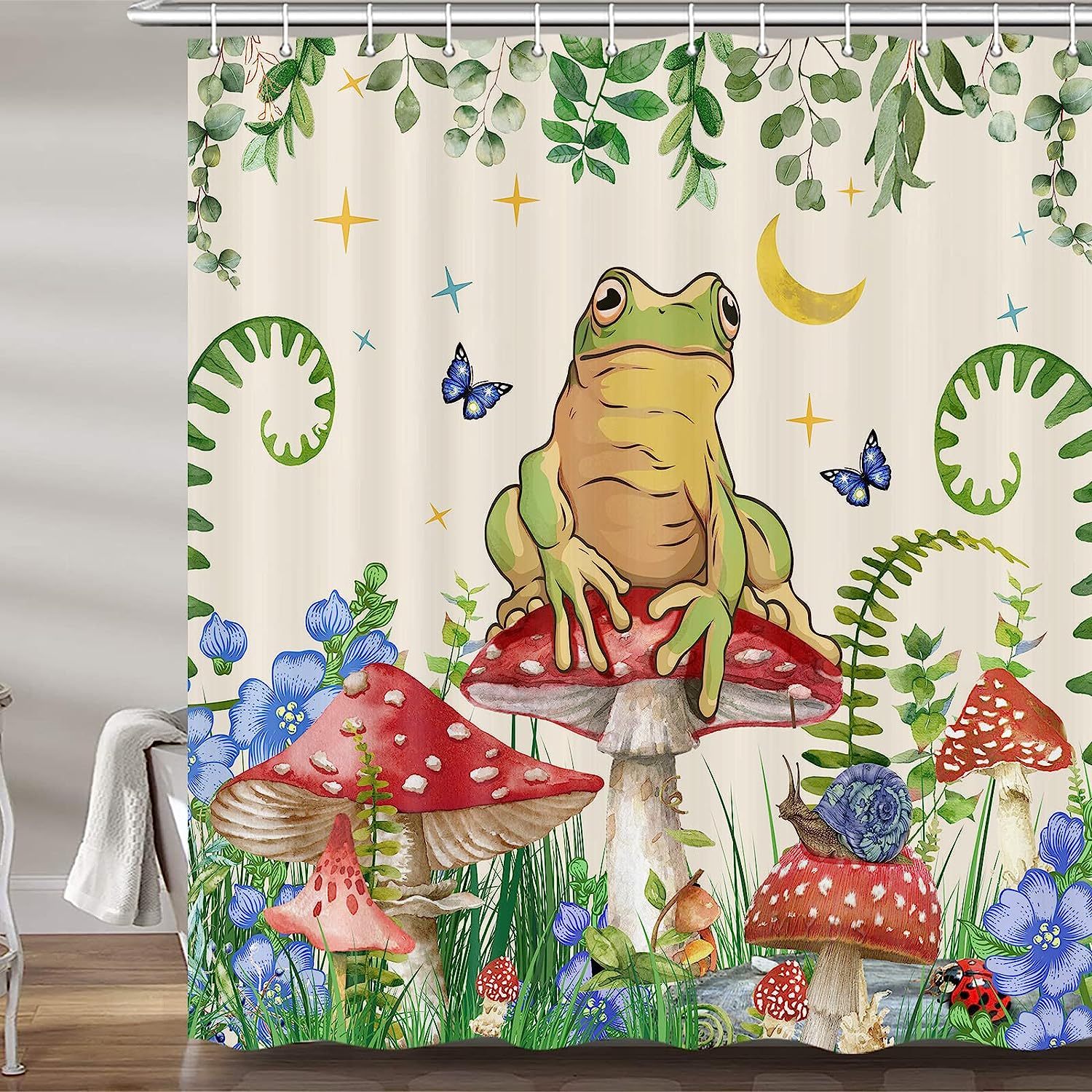 Boho Mushroom Shower Curtain, Botanical Restroom Bathroom Decor