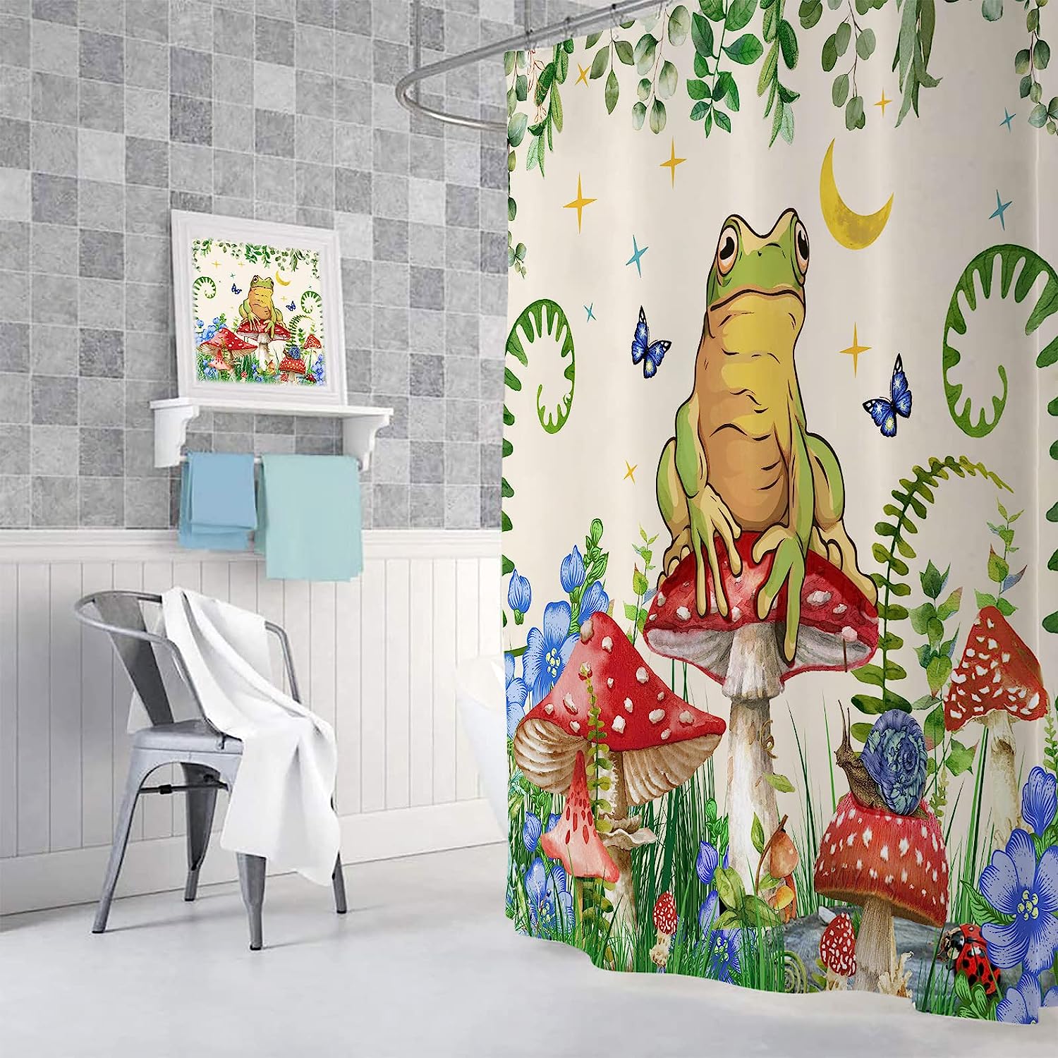 Boho Mushroom Shower Curtain, Botanical Restroom Bathroom Decor