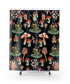 Boho Mushroom and Frog Shower Curtain - Cool and Floral Bathroom Decor
