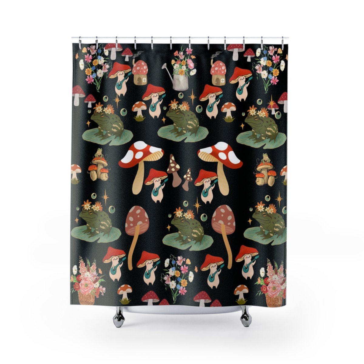 Boho Mushroom and Frog Shower Curtain - Cool and Floral Bathroom Decor