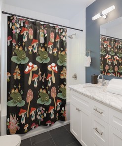 Boho Mushroom and Frog Shower Curtain - Cool and Floral Bathroom Decor