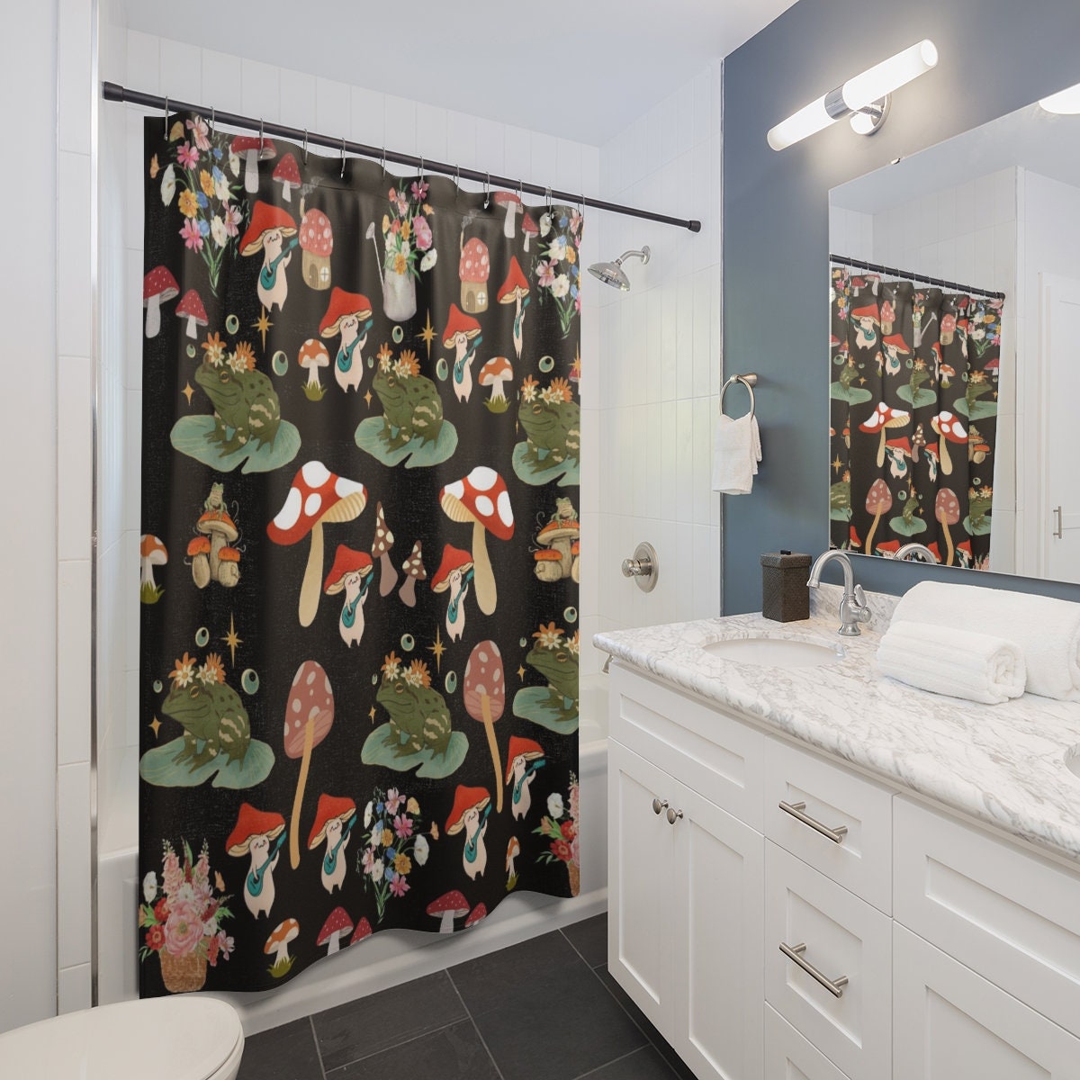 Boho Mushroom and Frog Shower Curtain - Cool and Floral Bathroom Decor