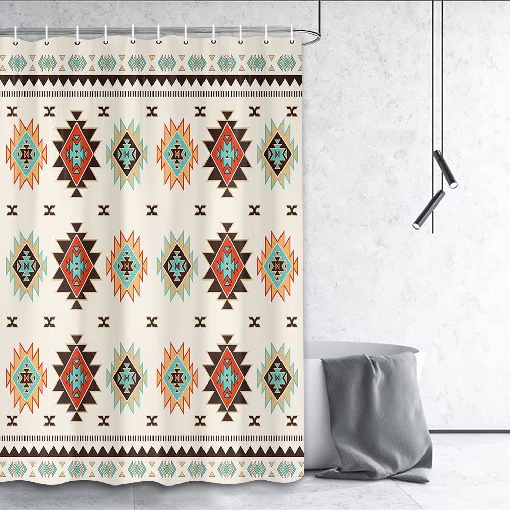 Boho Navajo Geometric Print Shower Curtain for Southwest Bathroom Decor