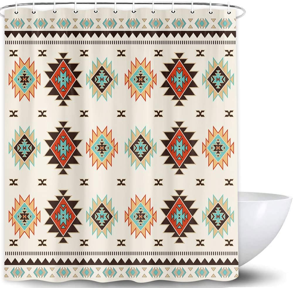 Boho Navajo Geometric Print Shower Curtain for Southwest Bathroom Decor