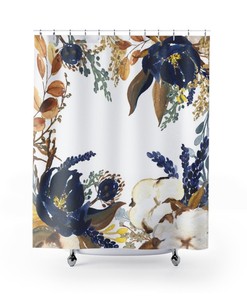 Boho Navy Floral Watercolor Shower Curtain with Brown, Yellow Leaves and Green Accents