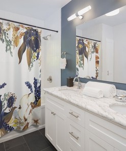 Boho Navy Floral Watercolor Shower Curtain with Brown, Yellow Leaves and Green Accents