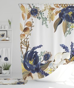 Boho Navy Floral Watercolor Shower Curtain with Brown, Yellow Leaves and Green Accents