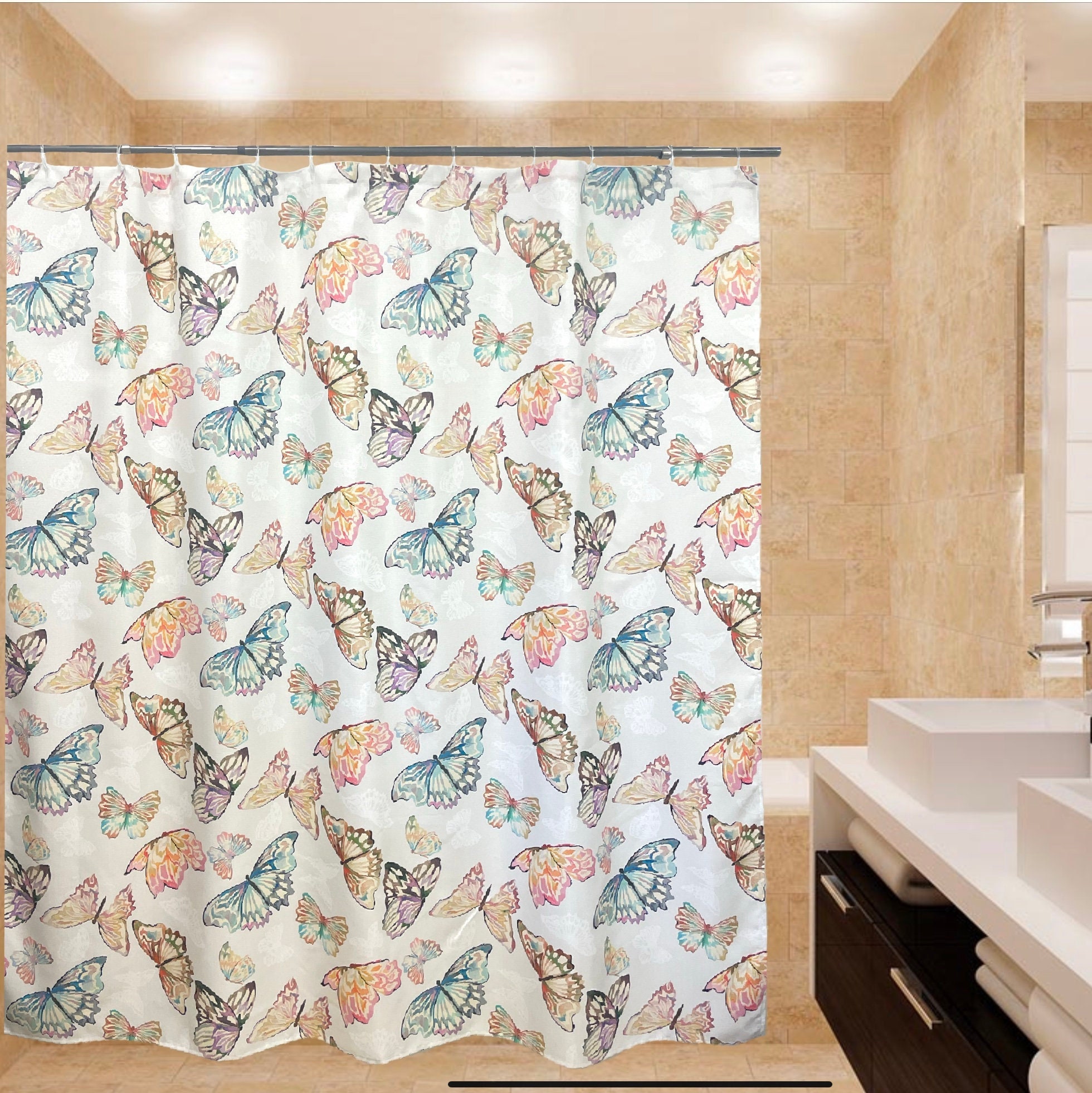 Boho Orange Fabric Shower Curtain Butterfly Animal Shower Decor