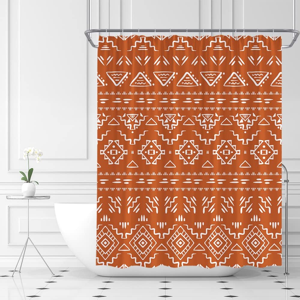 Boho Orange Geometric Shower Curtain For Modern Farmhouse Bathroom