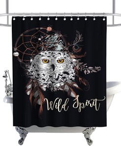 Boho Owl Dreamcatcher Shower Curtain with Wildlife Feathers Dreamcatcher Theme for Indian Tribal Bathroom Decor