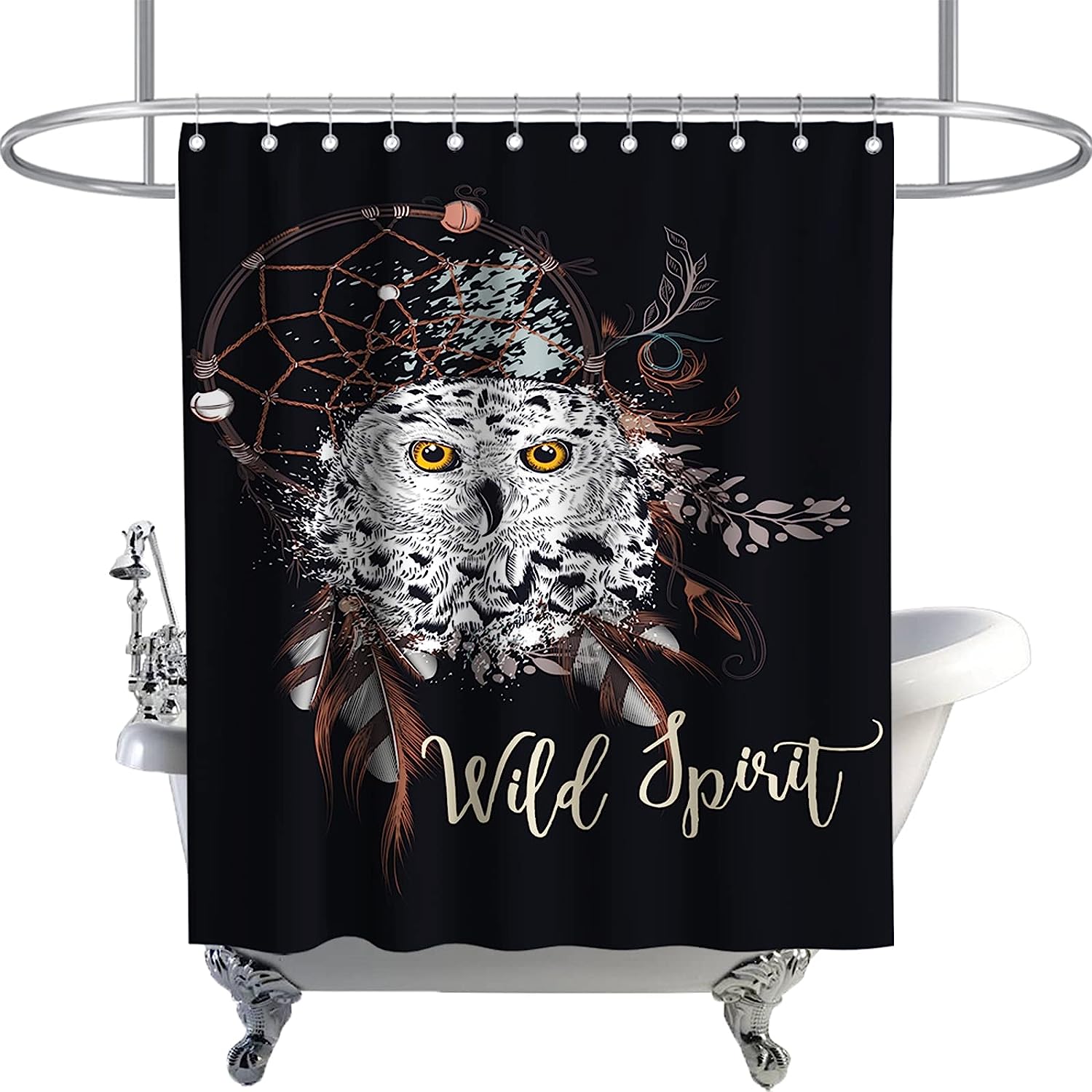 Boho Owl Dreamcatcher Shower Curtain with Wildlife Feathers Dreamcatcher Theme for Indian Tribal Bathroom Decor