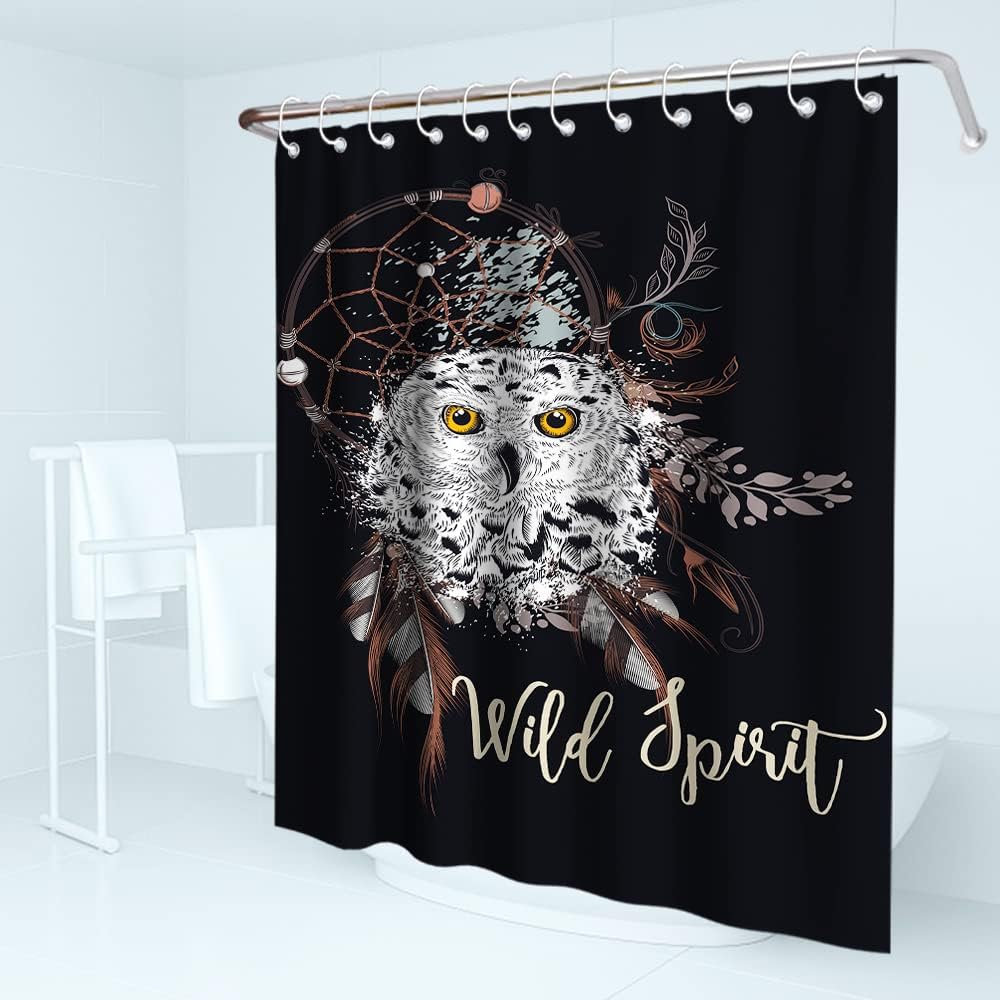 Boho Owl Dreamcatcher Shower Curtain with Wildlife Feathers Dreamcatcher Theme for Indian Tribal Bathroom Decor
