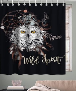 Boho Owl Dreamcatcher Shower Curtain with Wildlife Feathers Dreamcatcher Theme for Indian Tribal Bathroom Decor