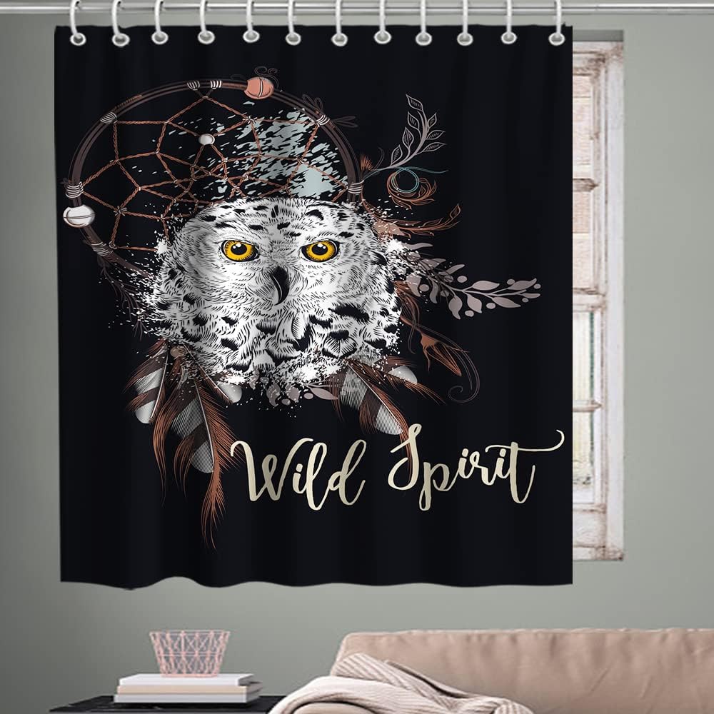 Boho Owl Dreamcatcher Shower Curtain with Wildlife Feathers Dreamcatcher Theme for Indian Tribal Bathroom Decor