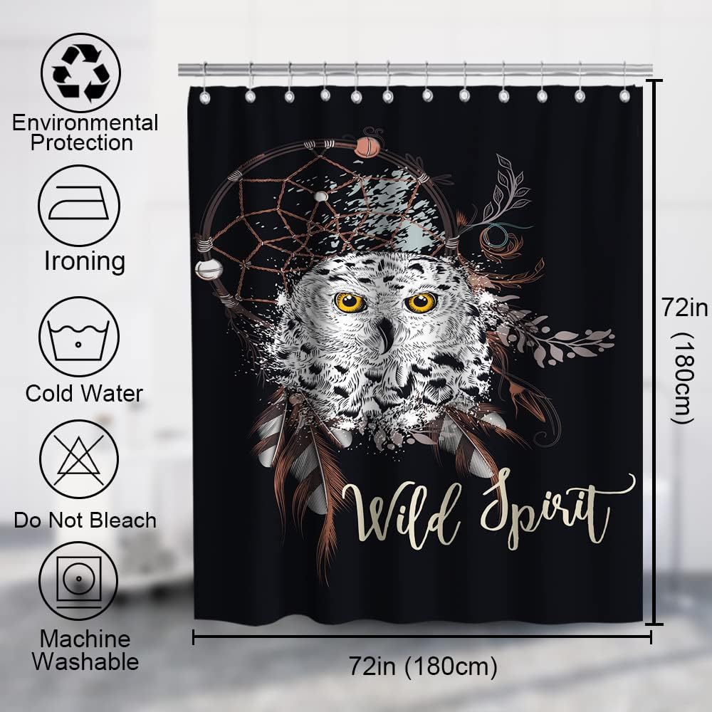 Boho Owl Dreamcatcher Shower Curtain with Wildlife Feathers Dreamcatcher Theme for Indian Tribal Bathroom Decor