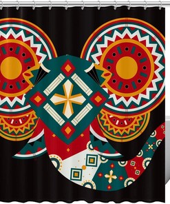 Boho Painted Elephant Head Shower Curtain, Geometric Bathroom Decor