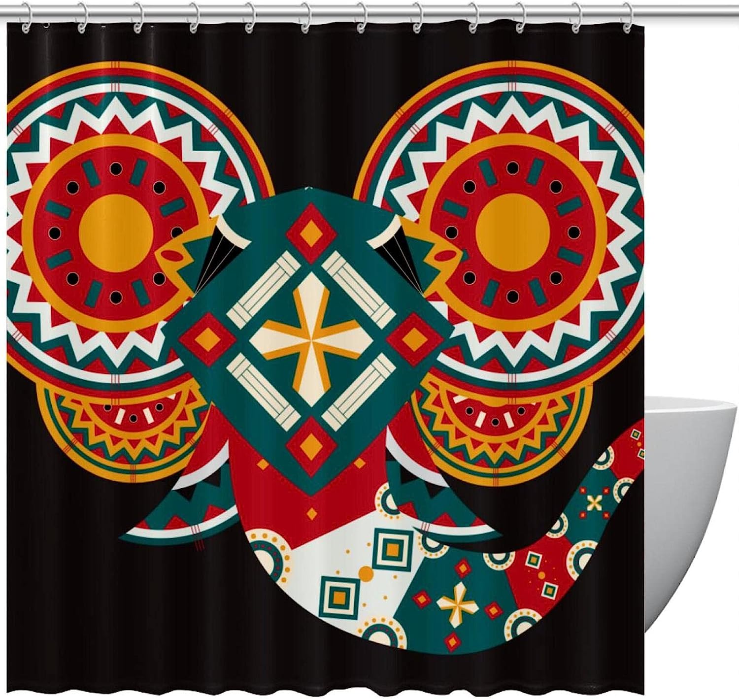 Boho Painted Elephant Head Shower Curtain, Geometric Bathroom Decor