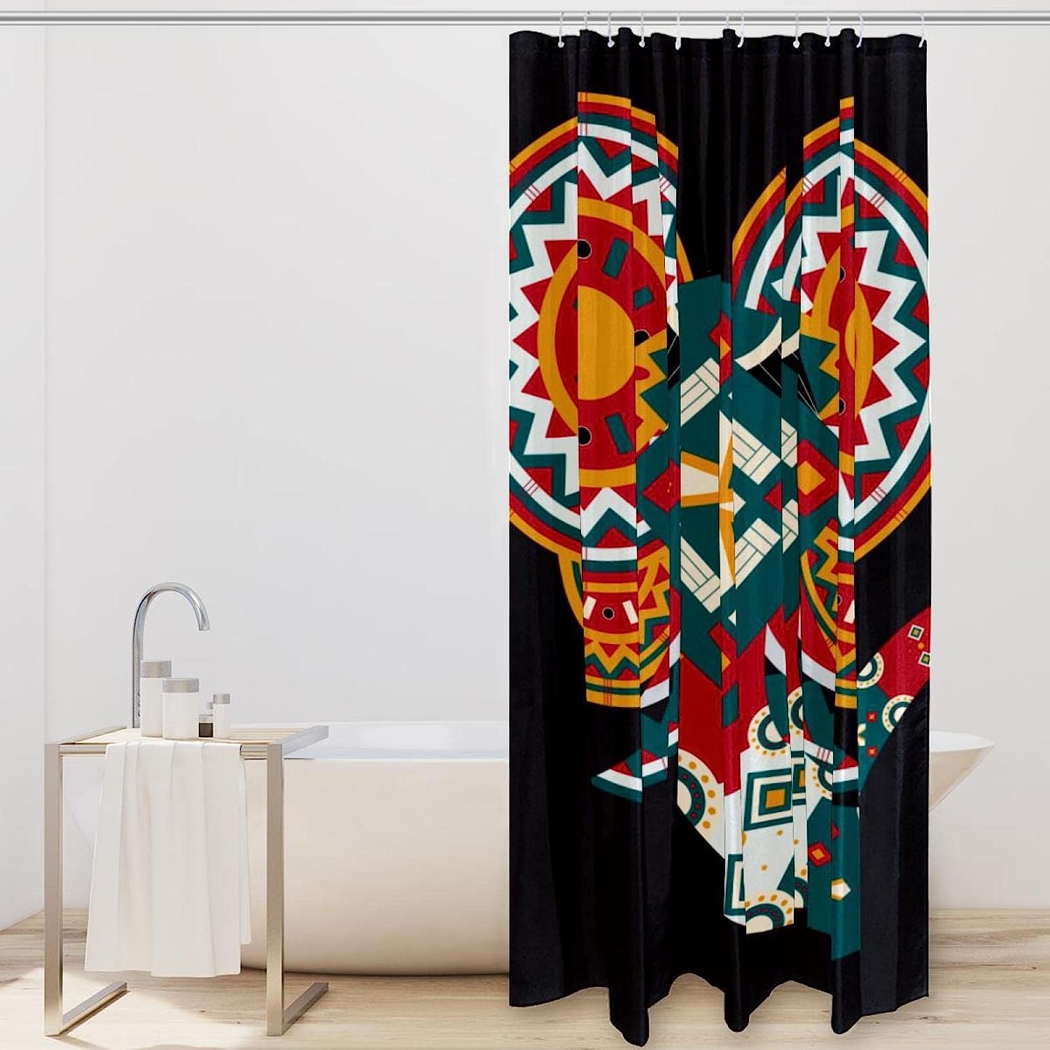 Boho Painted Elephant Head Shower Curtain, Geometric Bathroom Decor