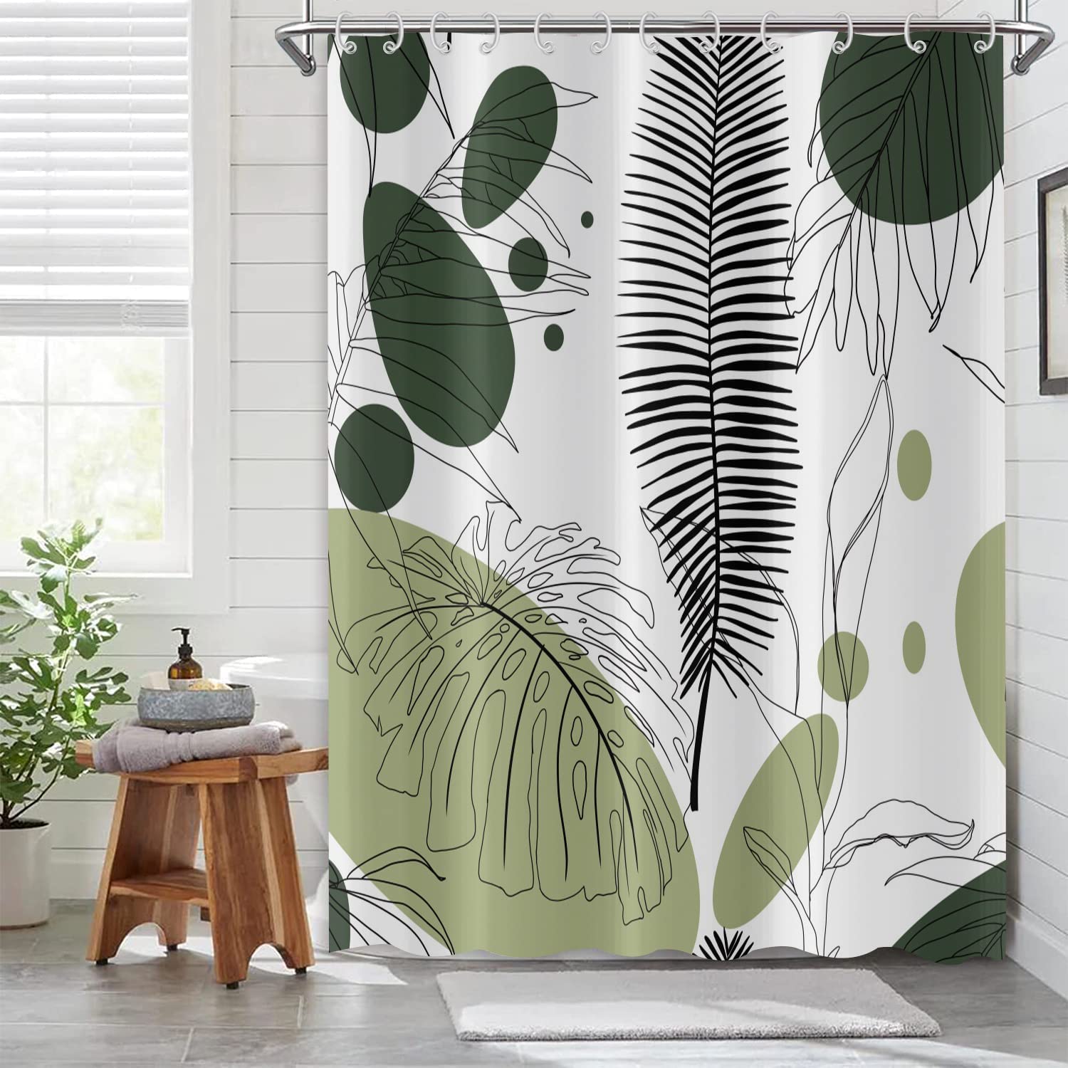 Boho Palm Leaf Minimalist Green Abstract Leaves Shower Curtain