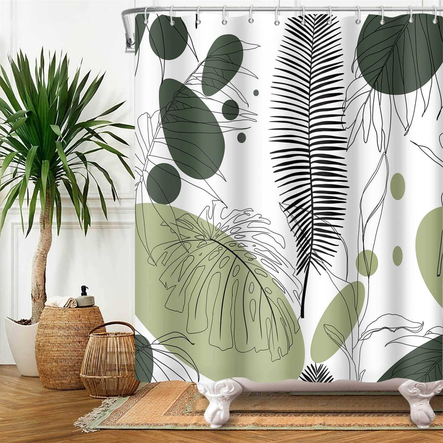 Boho Palm Leaf Minimalist Green Abstract Leaves Shower Curtain - Image 2