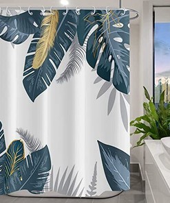 Boho Palm Tree Fall Farmhouse Shower Curtain With Gold Leaves Print