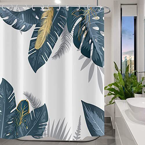 Boho Palm Tree Fall Farmhouse Shower Curtain With Gold Leaves Print