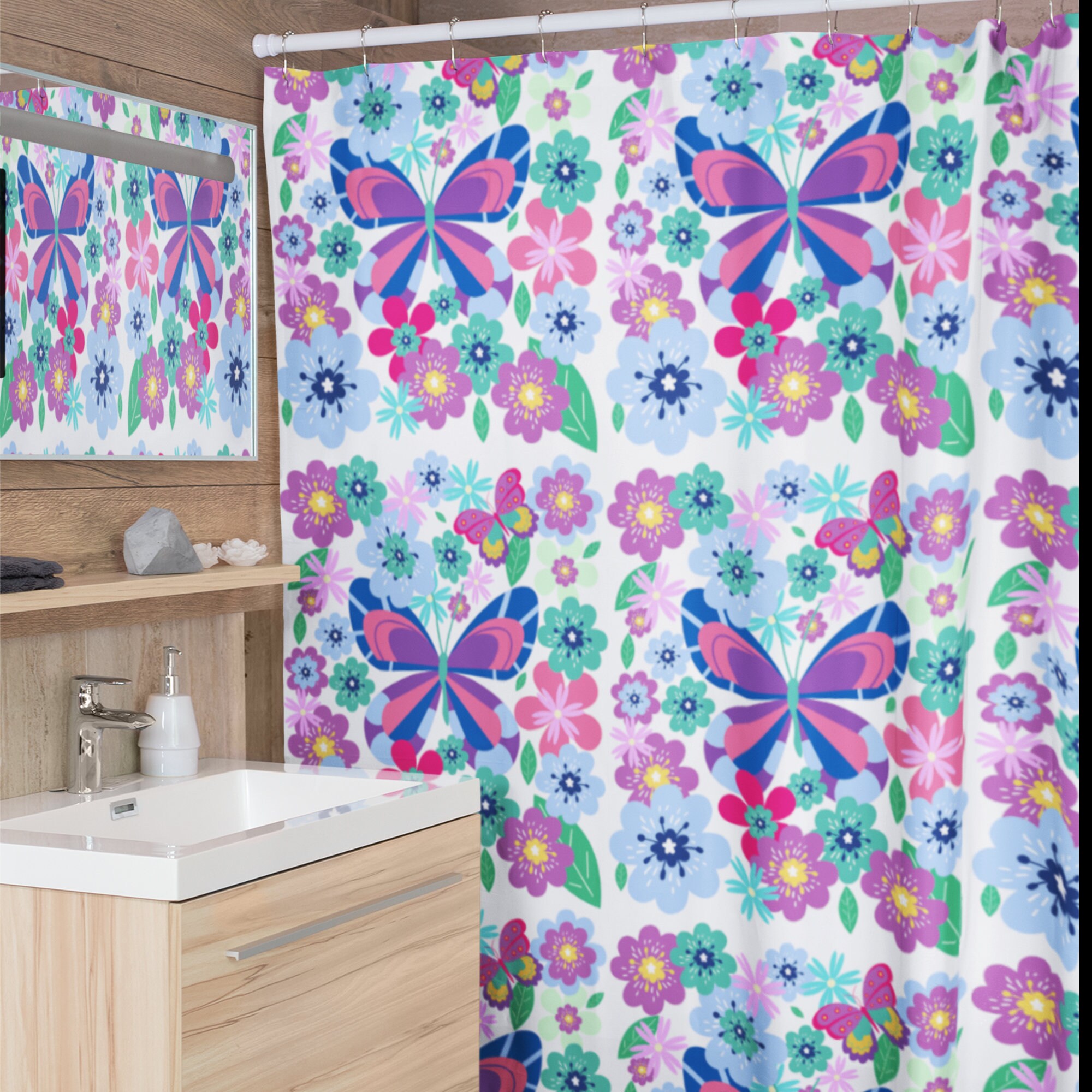 Boho Patchwork Butterflies And Flowers Shower Curtain For Bathroom Decor - Image 2