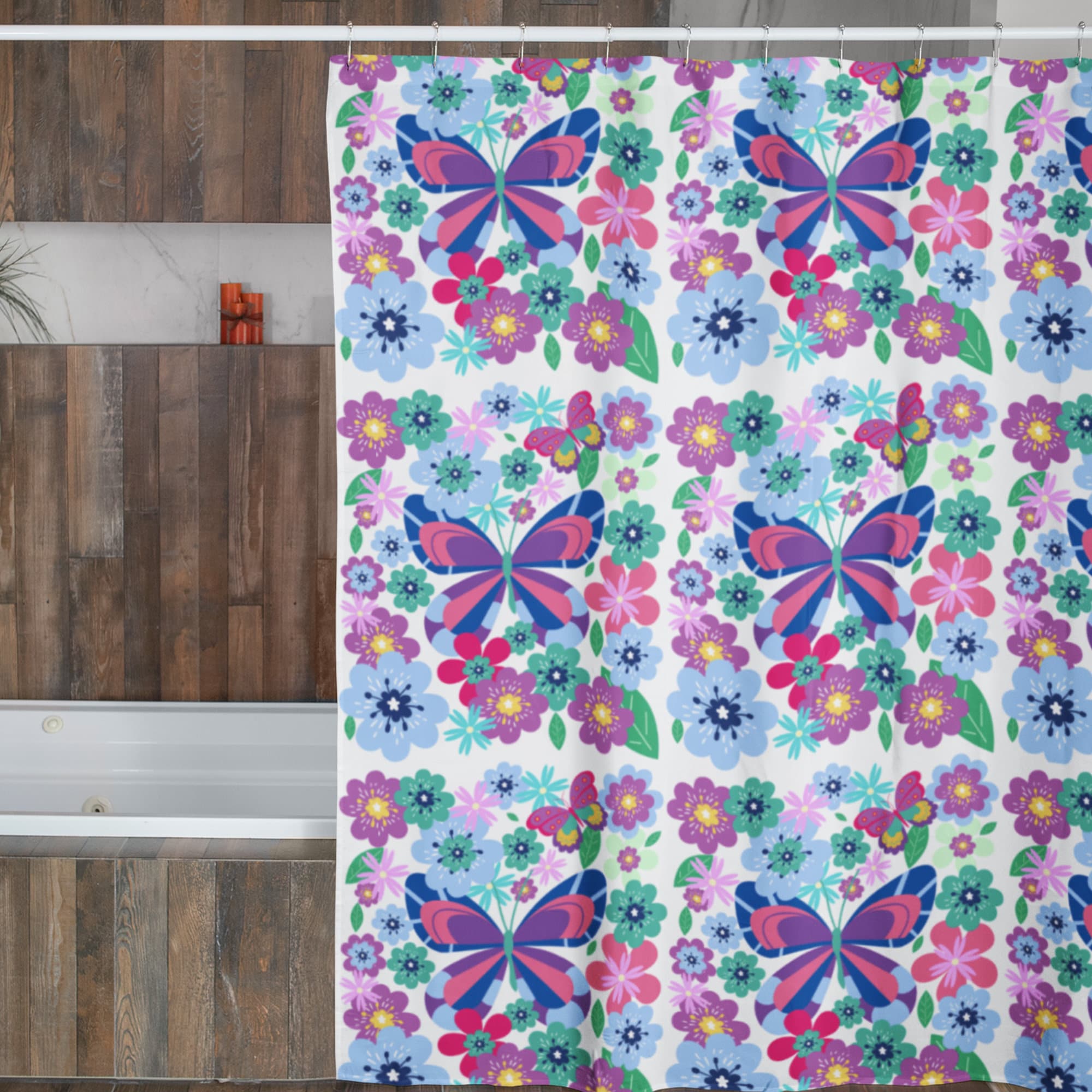 Boho Patchwork Butterflies And Flowers Shower Curtain For Bathroom Decor - Image 3