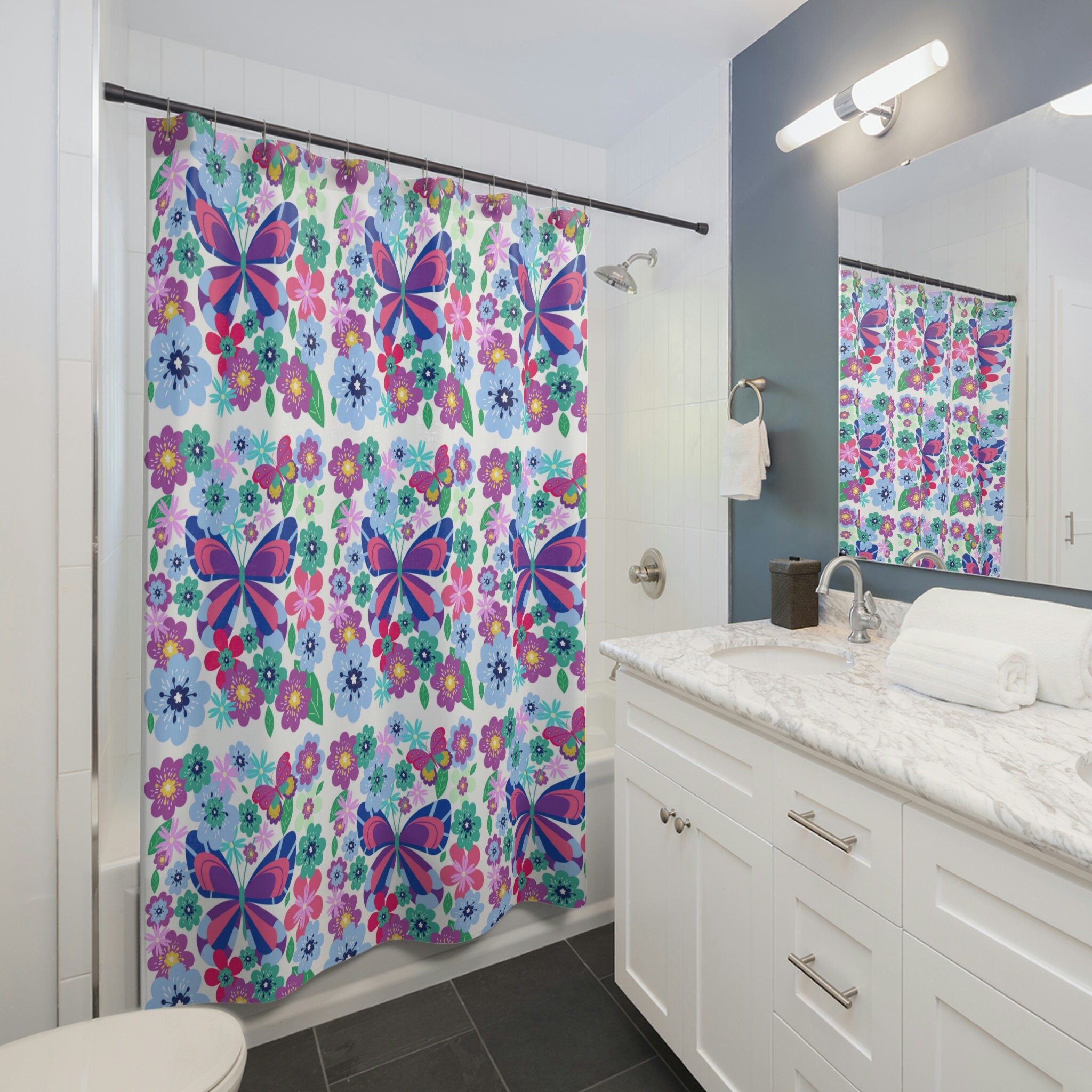 Boho Patchwork Butterflies And Flowers Shower Curtain For Bathroom Decor - Image 4