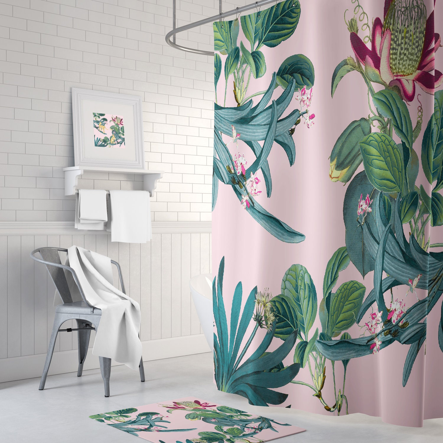 Boho Pink Leaf Jungle Shower Curtain for Artistic Bathroom Decor