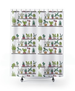 Boho Plant Shelf Shower Curtain, Cactus Lover Bathroom Decor