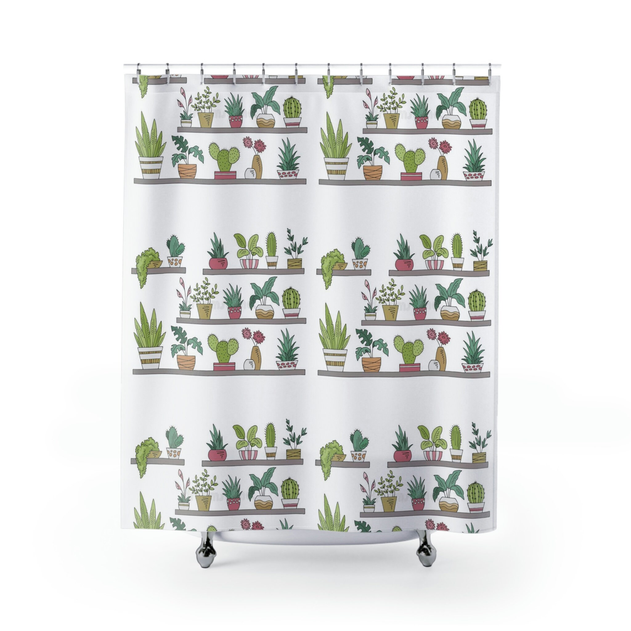 Boho Plant Shelf Shower Curtain, Cactus Lover Bathroom Decor