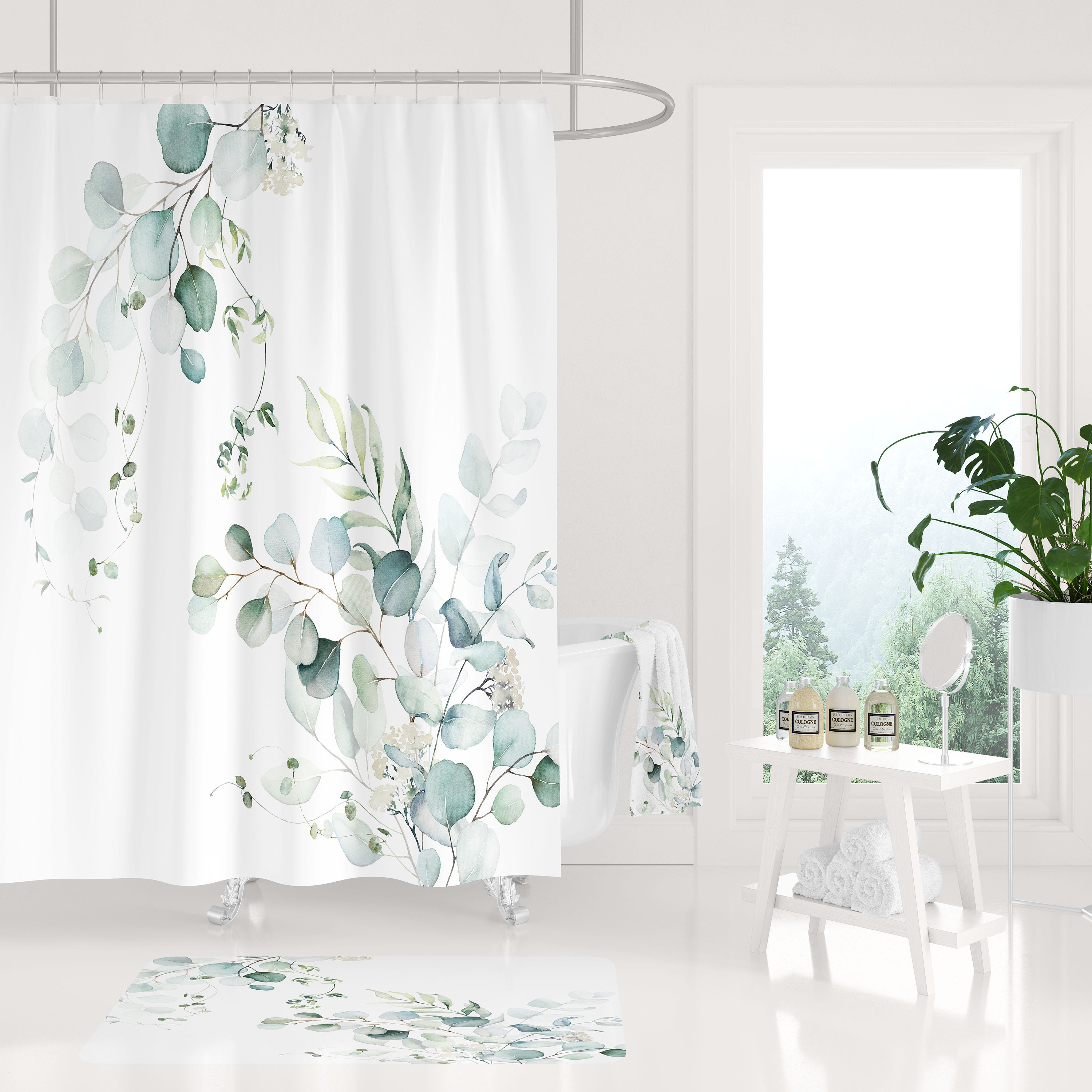 Boho Shower Curtain And Yellow Green White Floral Hand Towel Set For Botanical Bathroom Decor