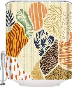 Boho Shower Curtain - Vintage Leopard Tiger Plants And Geometric Leaves - Waterproof Bath Fabric