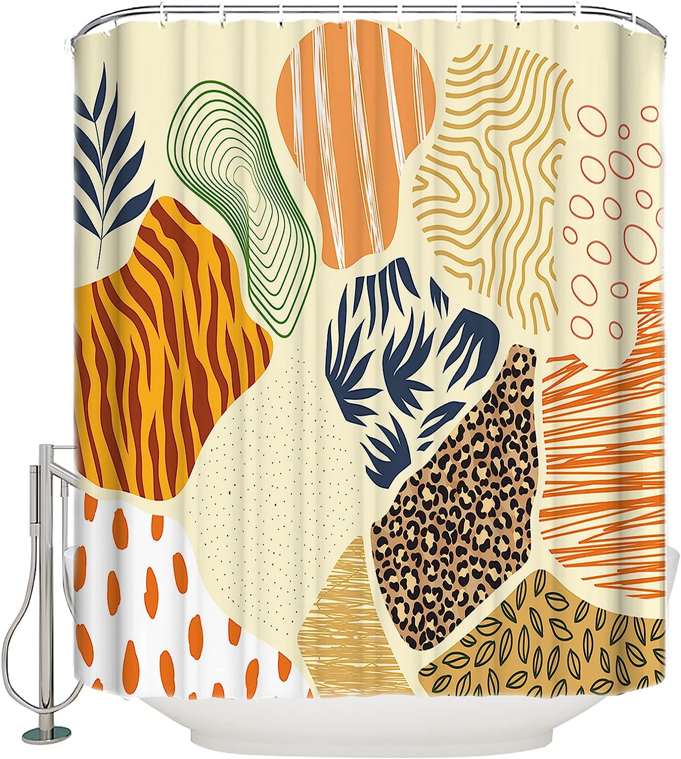 Boho Shower Curtain - Vintage Leopard Tiger Plants And Geometric Leaves - Waterproof Bath Fabric