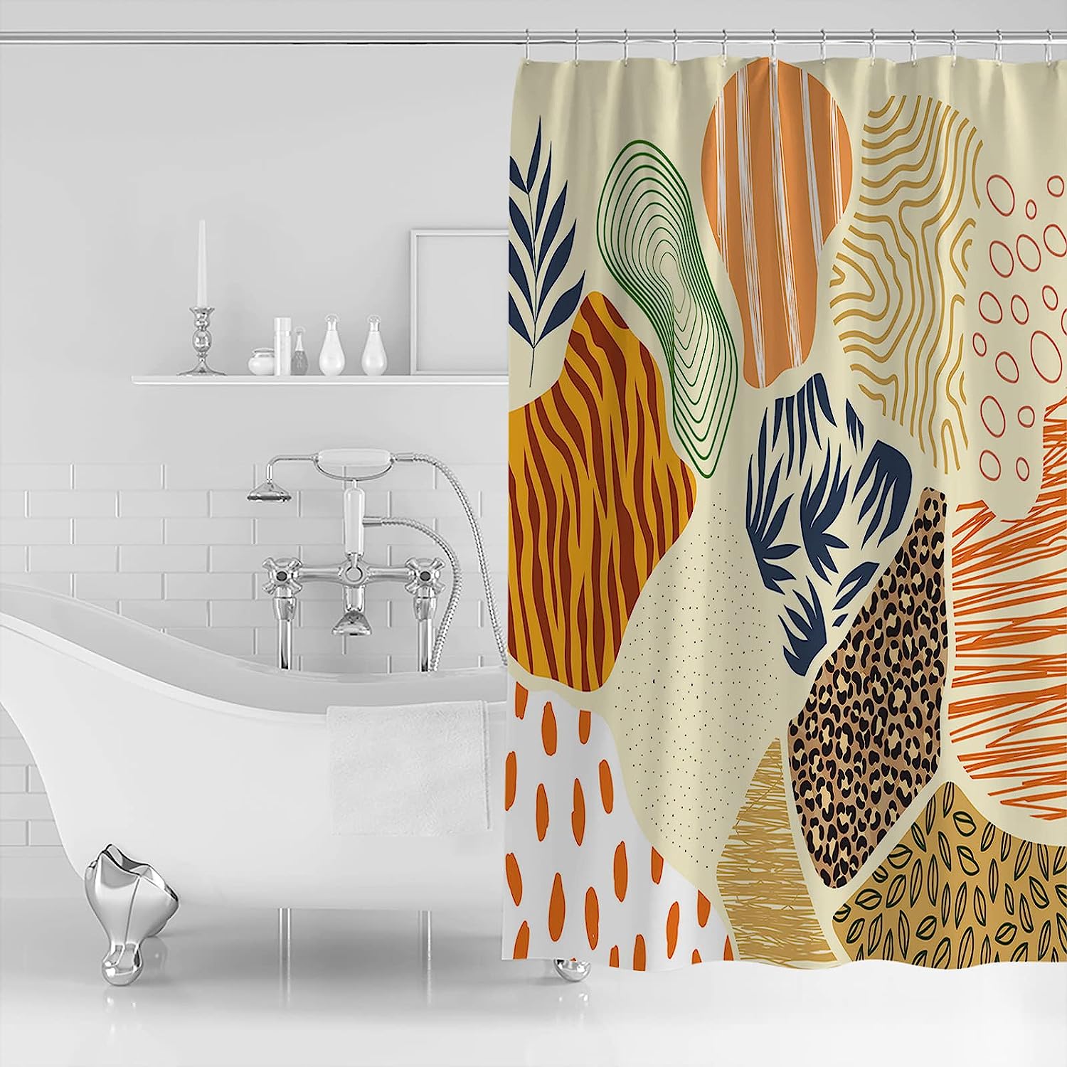 Boho Shower Curtain - Vintage Leopard Tiger Plants And Geometric Leaves - Waterproof Bath Fabric - Image 2