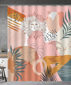 Boho Shower Curtain With Sun, Moon, And Leaves Pattern For Modern Bathroom Decor