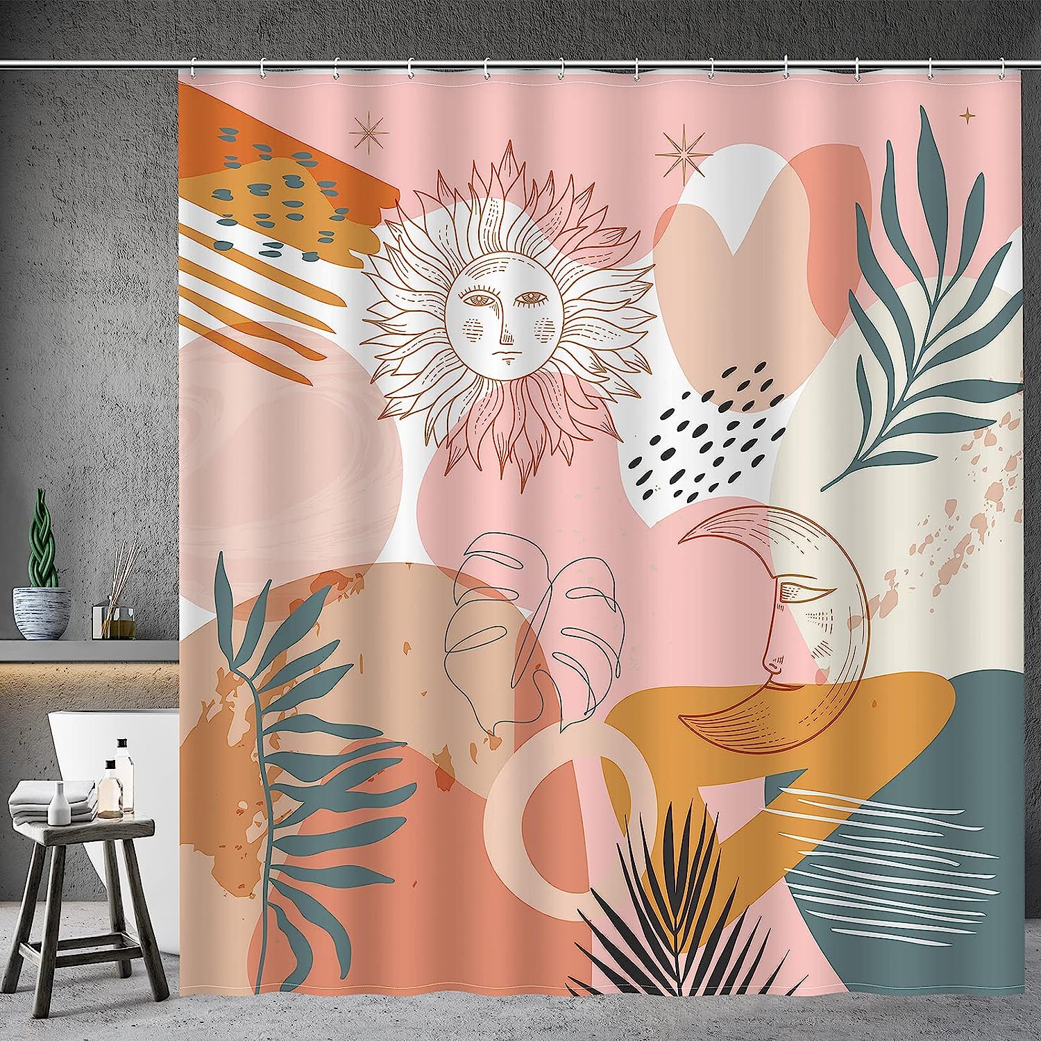 Boho Shower Curtain With Sun, Moon, And Leaves Pattern For Modern Bathroom Decor