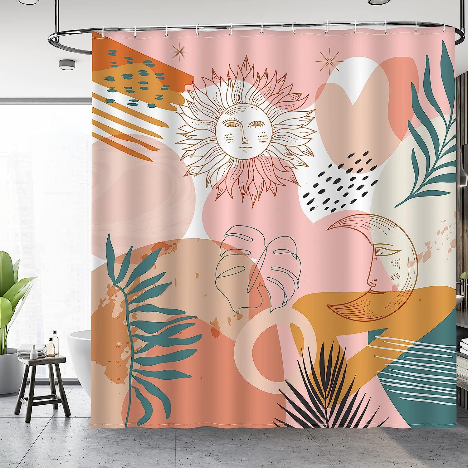 Boho Shower Curtain With Sun, Moon, And Leaves Pattern For Modern Bathroom Decor - Image 2