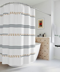 Boho Shower Curtain with Mudcloth Print in Navy Stripes and Beige Dots for a Chic Look