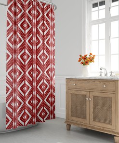 Boho Shower Curtain with Red and White Mud Cloth, Tribal Abstract Kuba Cloth African Print Geometric Bath Room Decor
