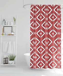 Boho Shower Curtain with Red and White Mud Cloth, Tribal Abstract Kuba Cloth African Print Geometric Bath Room Decor