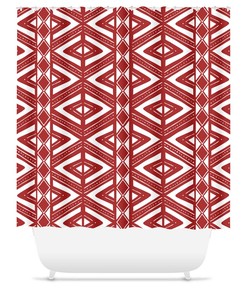 Boho Shower Curtain with Red and White Mud Cloth, Tribal Abstract Kuba Cloth African Print Geometric Bath Room Decor