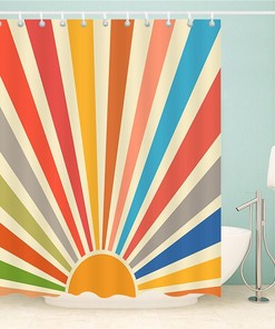 Boho Shower Curtain with Vintage Sun Print for Colorful Bathroom Decor