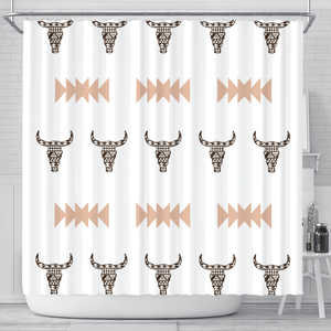 Boho Skull Shower Curtain With Southwest Feathers, Steer Skull And Animal Nature Print, Bathroom Decor
