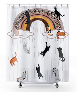 Boho Style Raining Cats Shower Curtain With Leopard And Rainbow Design