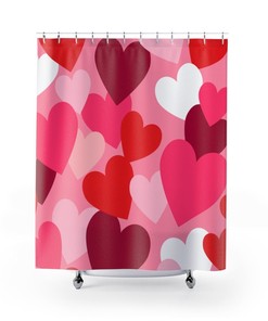 Boho Style Red Heart Fabric Shower Curtain Valentines Day Decor for Chic Bathroom